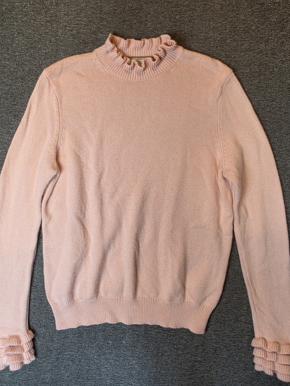 Boden Womans Medium Light Pink Knit Sweater Ruffled Mock Neck Wool Preppy Boho